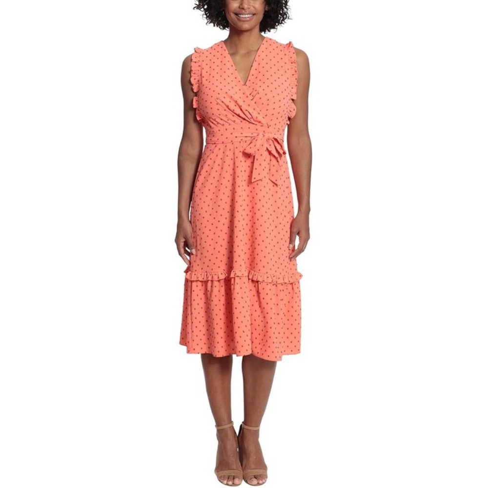 NWT London Times Ruffle Dress Sleeveless Tie Waist Orange Sz L